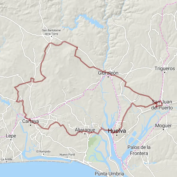 Map miniature of "Coastal Gravel Ride" cycling inspiration in Andalucía, Spain. Generated by Tarmacs.app cycling route planner