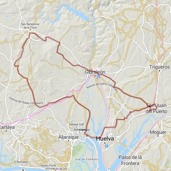 Miniatura della mappa di ispirazione al ciclismo "Giro in bicicletta nella natura intorno a San Juan del Puerto" nella regione di Andalucía, Spain. Generata da Tarmacs.app, pianificatore di rotte ciclistiche