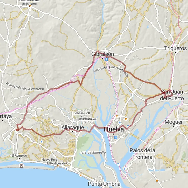 Miniatura mapy "Pętla rowerowa San Juan del Puerto - Gibraleón" - trasy rowerowej w Andalucía, Spain. Wygenerowane przez planer tras rowerowych Tarmacs.app