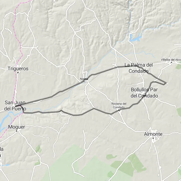 Miniaturní mapa "Cyklotrasa po silnici kolem památek v okolí San Juan del Puerto" inspirace pro cyklisty v oblasti Andalucía, Spain. Vytvořeno pomocí plánovače tras Tarmacs.app