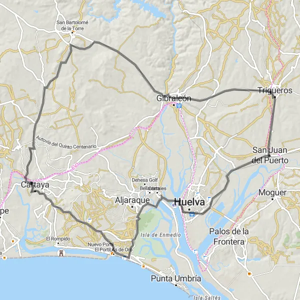 Miniaturní mapa "Road Cycling Adventure to Trigueros" inspirace pro cyklisty v oblasti Andalucía, Spain. Vytvořeno pomocí plánovače tras Tarmacs.app