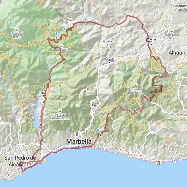 Miniatuurkaart van de fietsinspiratie "Avontuurlijke gravelroute buiten San Pedro de Alcántara" in Andalucía, Spain. Gemaakt door de Tarmacs.app fietsrouteplanner