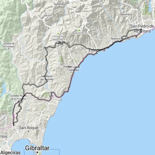Karten-Miniaturansicht der Radinspiration "Runde Tour San Pedro de Alcántara - Guadalmina - Sabinillas" in Andalucía, Spain. Erstellt vom Tarmacs.app-Routenplaner für Radtouren