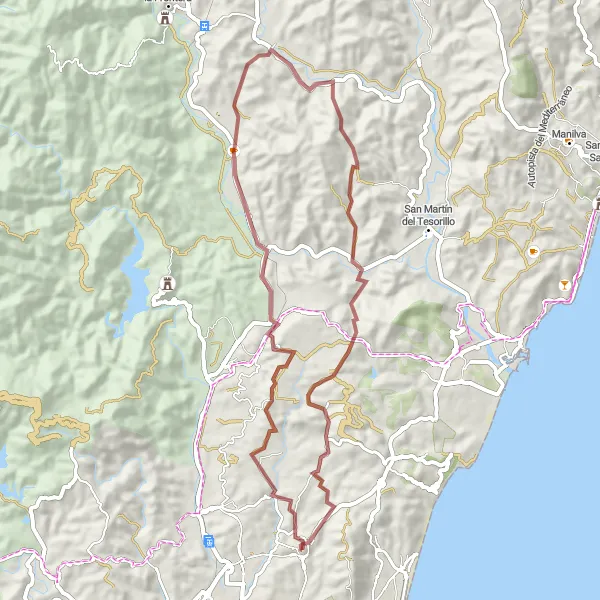 Miniaturní mapa "Gravelová dobrodružství" inspirace pro cyklisty v oblasti Andalucía, Spain. Vytvořeno pomocí plánovače tras Tarmacs.app