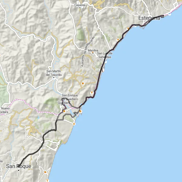 Map miniature of "Road Route near San Roque" cycling inspiration in Andalucía, Spain. Generated by Tarmacs.app cycling route planner