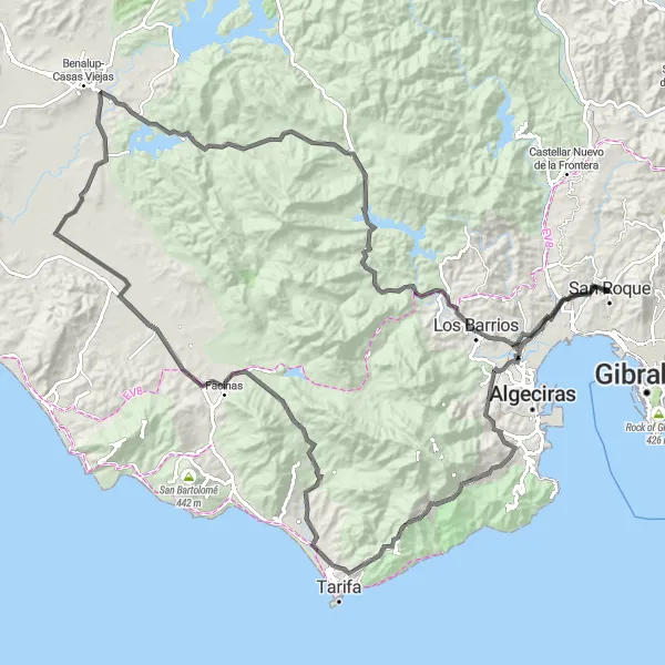 Map miniature of "Scenic Road Tour near San Roque" cycling inspiration in Andalucía, Spain. Generated by Tarmacs.app cycling route planner