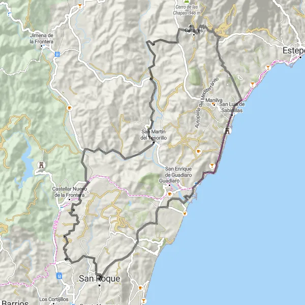 Miniature de la carte de l'inspiration cycliste "Circuit de San Roque à travers les villages pittoresques de l'Andalousie" dans la Andalucía, Spain. Générée par le planificateur d'itinéraire cycliste Tarmacs.app