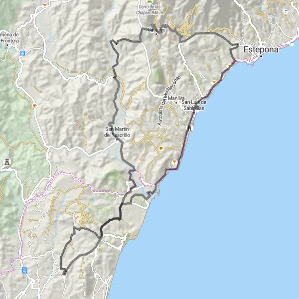 Miniature de la carte de l'inspiration cycliste "Puerto de Ronda Adventure" dans la Andalucía, Spain. Générée par le planificateur d'itinéraire cycliste Tarmacs.app