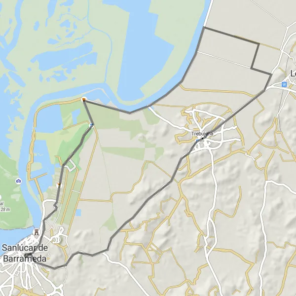 Miniatura della mappa di ispirazione al ciclismo "Giro in bicicletta da Sanlúcar de Barrameda" nella regione di Andalucía, Spain. Generata da Tarmacs.app, pianificatore di rotte ciclistiche