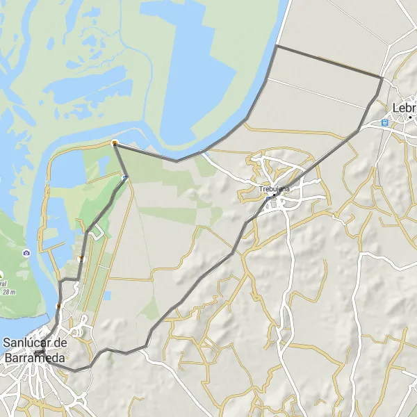 Map miniature of "Exploring Sanlúcar de Barrameda" cycling inspiration in Andalucía, Spain. Generated by Tarmacs.app cycling route planner