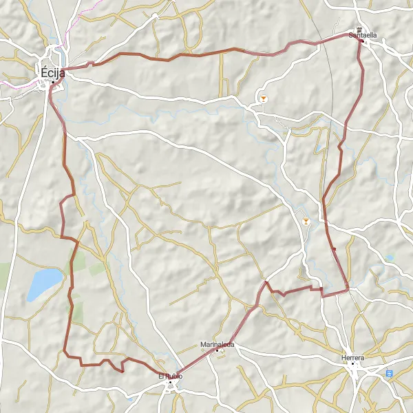 Miniature de la carte de l'inspiration cycliste "Parcours Gravel autour de Santaella" dans la Andalucía, Spain. Générée par le planificateur d'itinéraire cycliste Tarmacs.app