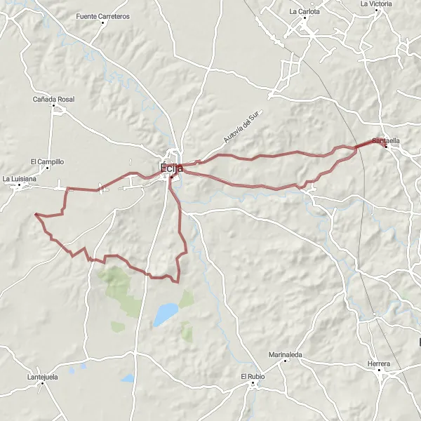 Miniature de la carte de l'inspiration cycliste "Tour Gravel vers Écija et Castillo de Santaella" dans la Andalucía, Spain. Générée par le planificateur d'itinéraire cycliste Tarmacs.app