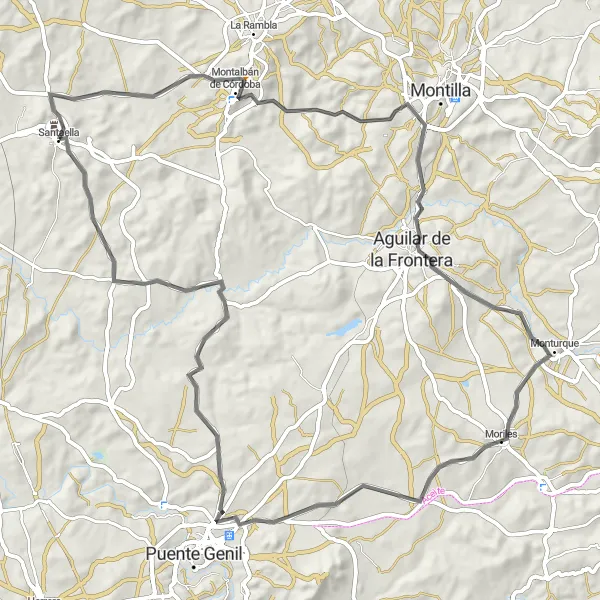 Miniatua del mapa de inspiración ciclista "Ruta de Montalbán Road Cycling" en Andalucía, Spain. Generado por Tarmacs.app planificador de rutas ciclistas
