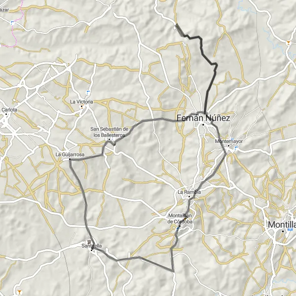 Miniature de la carte de l'inspiration cycliste "Parcours Route à travers Montalbán de Córdoba" dans la Andalucía, Spain. Générée par le planificateur d'itinéraire cycliste Tarmacs.app
