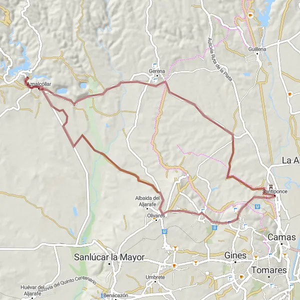 Miniature de la carte de l'inspiration cycliste "Les chemins de gravier de Valencina" dans la Andalucía, Spain. Générée par le planificateur d'itinéraire cycliste Tarmacs.app