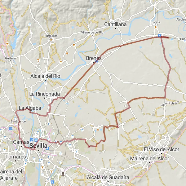 Miniatua del mapa de inspiración ciclista "Ruta en bicicleta de gravel: Santiponce - Monasterio de San Isidoro del Campo" en Andalucía, Spain. Generado por Tarmacs.app planificador de rutas ciclistas