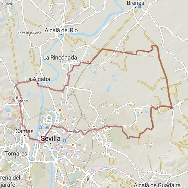 Map miniature of "Gravel Adventure to Monasterio de San Isidoro del Campo" cycling inspiration in Andalucía, Spain. Generated by Tarmacs.app cycling route planner