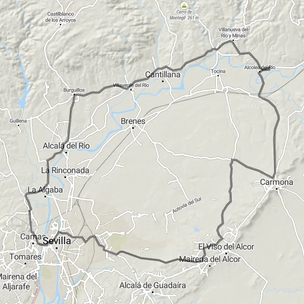 Map miniature of "Santiponce Loop via Carmona" cycling inspiration in Andalucía, Spain. Generated by Tarmacs.app cycling route planner