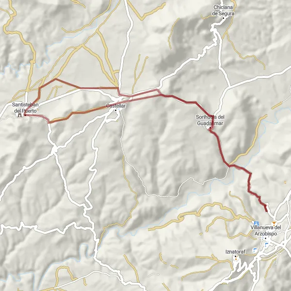 Miniaturní mapa "Gravel Route to Sorihuela del Guadalimar" inspirace pro cyklisty v oblasti Andalucía, Spain. Vytvořeno pomocí plánovače tras Tarmacs.app