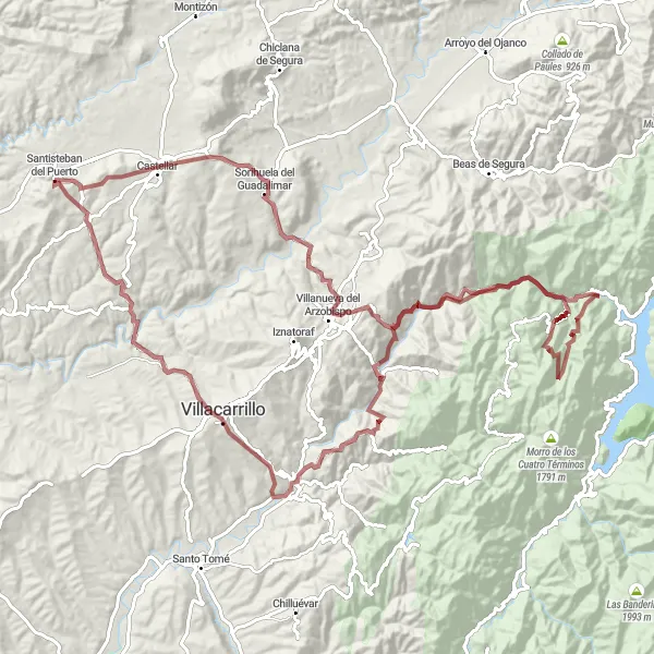 Miniaturní mapa "Gravelová exkurze kolem Santistebanu del Puerto" inspirace pro cyklisty v oblasti Andalucía, Spain. Vytvořeno pomocí plánovače tras Tarmacs.app