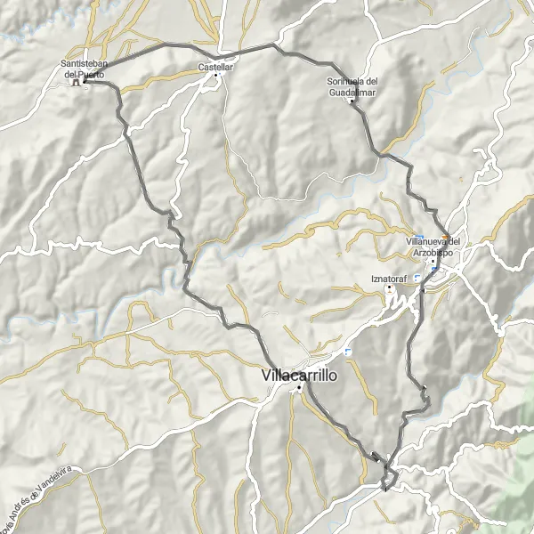 Miniaturní mapa "Cesta kolem Santistebanu del Puerto" inspirace pro cyklisty v oblasti Andalucía, Spain. Vytvořeno pomocí plánovače tras Tarmacs.app