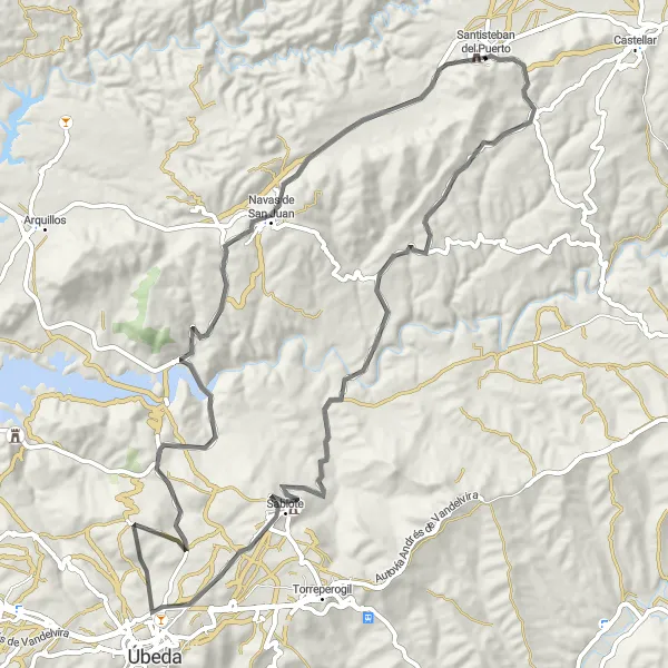 Miniaturní mapa "Road bike dobrodružství kolem Santisteban del Puerto" inspirace pro cyklisty v oblasti Andalucía, Spain. Vytvořeno pomocí plánovače tras Tarmacs.app