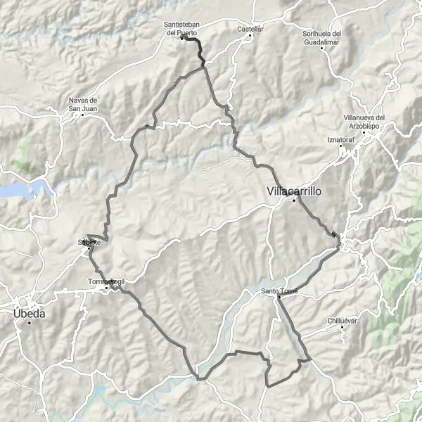 Miniaturní mapa "Z Santisteban del Puerto přes Villacarrillo až do Castillo de Sabiote" inspirace pro cyklisty v oblasti Andalucía, Spain. Vytvořeno pomocí plánovače tras Tarmacs.app