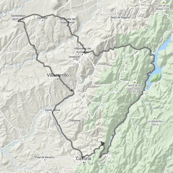 Miniatura della mappa di ispirazione al ciclismo "Le Meraviglie del Parco Naturale della Sierra de Cazorla su Strada" nella regione di Andalucía, Spain. Generata da Tarmacs.app, pianificatore di rotte ciclistiche