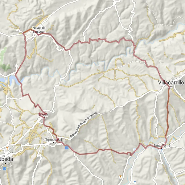 Miniatura della mappa di ispirazione al ciclismo "Gravel tra Santo Tomé e Navas de San Juan" nella regione di Andalucía, Spain. Generata da Tarmacs.app, pianificatore di rotte ciclistiche
