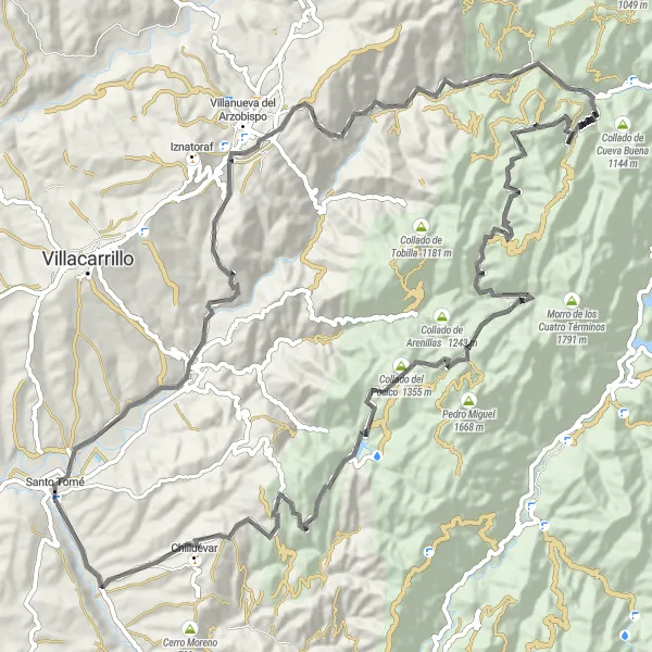 Map miniature of "Santo Tomé - La Caleruela - Área Recreativa Charco del Aceite - El Poyón de Argasa - Collado del Pocico - Chilluévar - Santo Tomé" cycling inspiration in Andalucía, Spain. Generated by Tarmacs.app cycling route planner