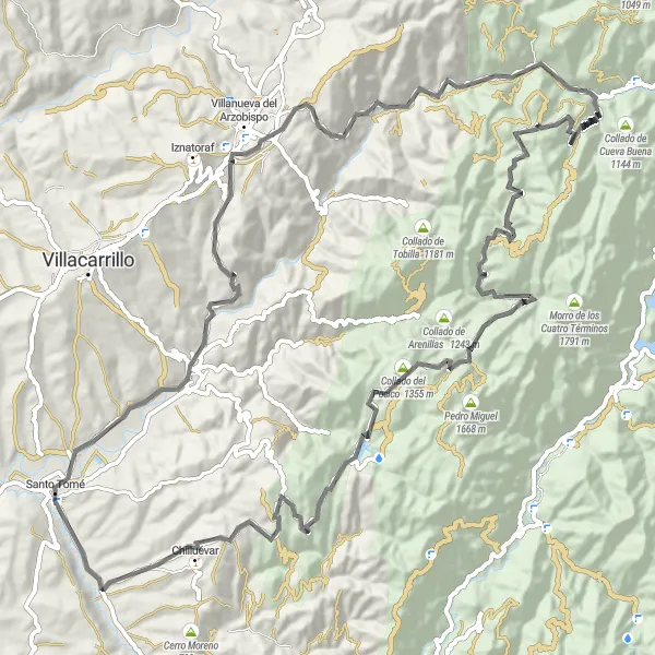 Miniaturní mapa "Silniční trasa kolem Santo Tomé" inspirace pro cyklisty v oblasti Andalucía, Spain. Vytvořeno pomocí plánovače tras Tarmacs.app