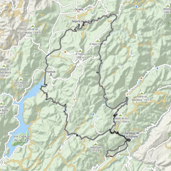 Miniatura della mappa di ispirazione al ciclismo "Road Challenge: Mountain Peaks and Caves" nella regione di Andalucía, Spain. Generata da Tarmacs.app, pianificatore di rotte ciclistiche