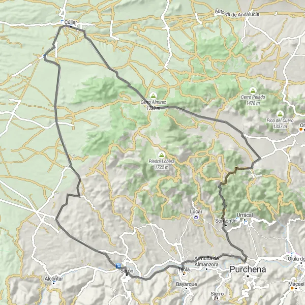 Miniaturní mapa "Silniční cyklostezka kolem Serónu a Tíjola" inspirace pro cyklisty v oblasti Andalucía, Spain. Vytvořeno pomocí plánovače tras Tarmacs.app