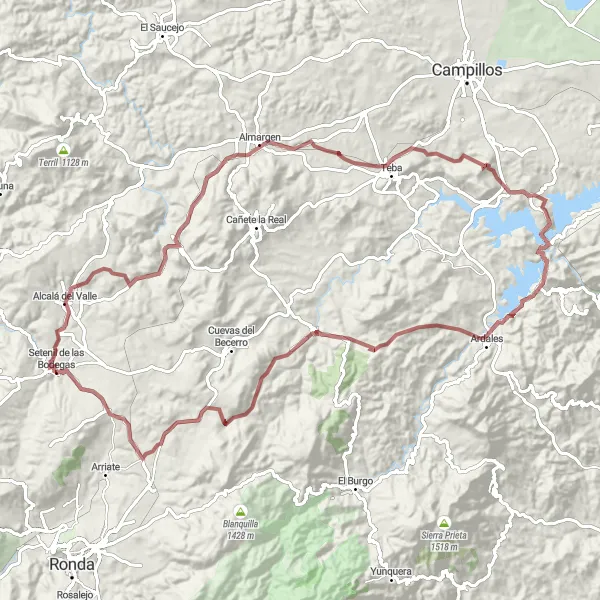 Miniatua del mapa de inspiración ciclista "Ruta de Grava de los Pueblos Blancos" en Andalucía, Spain. Generado por Tarmacs.app planificador de rutas ciclistas