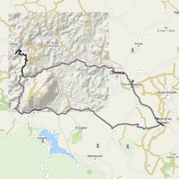 Miniature de la carte de l'inspiration cycliste "Route des Pueblos Blancos" dans la Andalucía, Spain. Générée par le planificateur d'itinéraire cycliste Tarmacs.app
