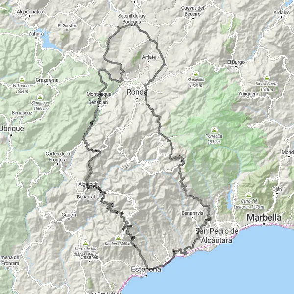 Miniatua del mapa de inspiración ciclista "Ruta de los Pueblos Blancos y Cuevas" en Andalucía, Spain. Generado por Tarmacs.app planificador de rutas ciclistas