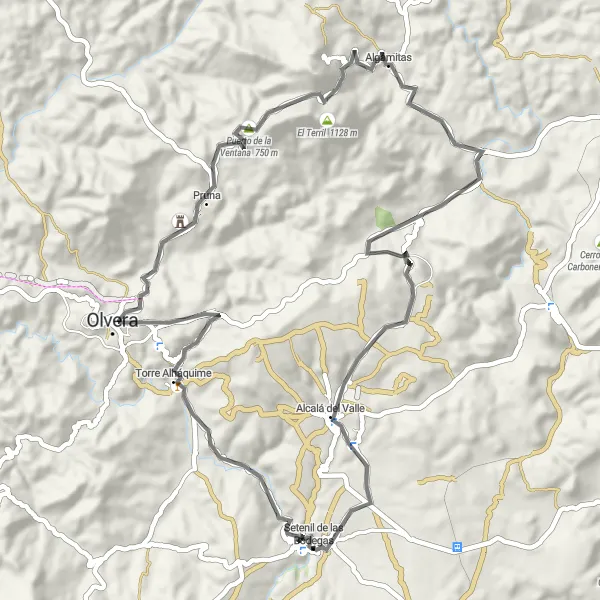 Miniature de la carte de l'inspiration cycliste "Route des villages blancs" dans la Andalucía, Spain. Générée par le planificateur d'itinéraire cycliste Tarmacs.app