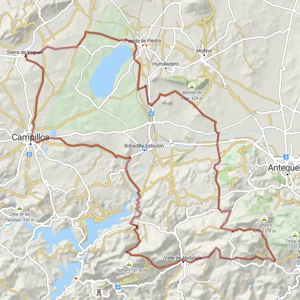 Miniaturní mapa "Okružní cesta k Sierra de Yeguas" inspirace pro cyklisty v oblasti Andalucía, Spain. Vytvořeno pomocí plánovače tras Tarmacs.app