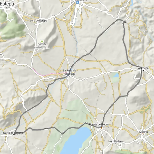 Miniatua del mapa de inspiración ciclista "Ruta de los Lagos Road Adventure" en Andalucía, Spain. Generado por Tarmacs.app planificador de rutas ciclistas
