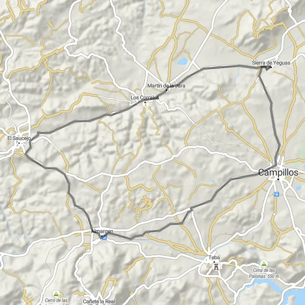Miniatua del mapa de inspiración ciclista "Travesía por Campillos y Almargen" en Andalucía, Spain. Generado por Tarmacs.app planificador de rutas ciclistas