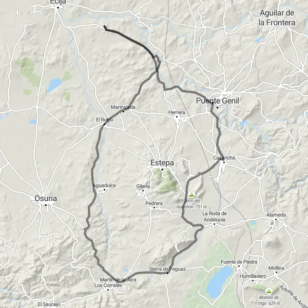 Miniatua del mapa de inspiración ciclista "Aventura por El Rubio y Lora de Estepa" en Andalucía, Spain. Generado por Tarmacs.app planificador de rutas ciclistas
