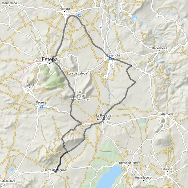 Karten-Miniaturansicht der Radinspiration "Rundtour über Estepa und Casariche" in Andalucía, Spain. Erstellt vom Tarmacs.app-Routenplaner für Radtouren