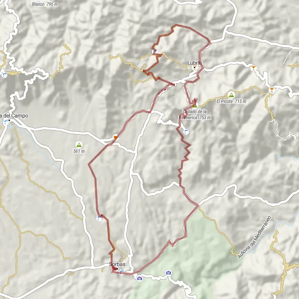 Miniatura della mappa di ispirazione al ciclismo "Il Giro Naturale di Sorbas" nella regione di Andalucía, Spain. Generata da Tarmacs.app, pianificatore di rotte ciclistiche