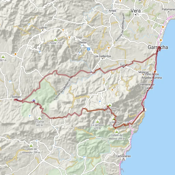 Map miniature of "Sorbas to La Mina Gravel Route" cycling inspiration in Andalucía, Spain. Generated by Tarmacs.app cycling route planner