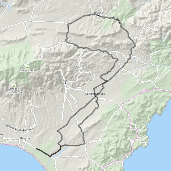 Miniature de la carte de l'inspiration cycliste "Les Collines de Sorbas" dans la Andalucía, Spain. Générée par le planificateur d'itinéraire cycliste Tarmacs.app