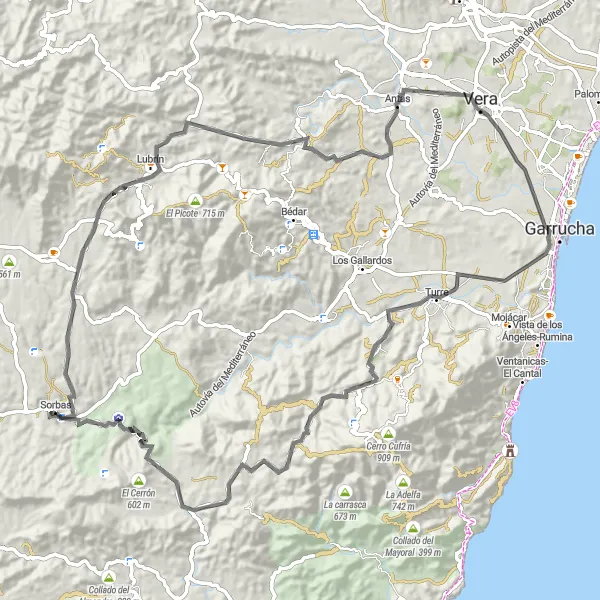 Map miniature of "Sorbas to Cuevas de Sorbas Road Route" cycling inspiration in Andalucía, Spain. Generated by Tarmacs.app cycling route planner