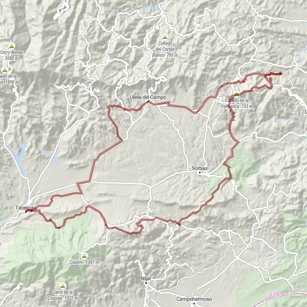 Miniatura della mappa di ispirazione al ciclismo "Scoperta della campagna di Tabernas" nella regione di Andalucía, Spain. Generata da Tarmacs.app, pianificatore di rotte ciclistiche