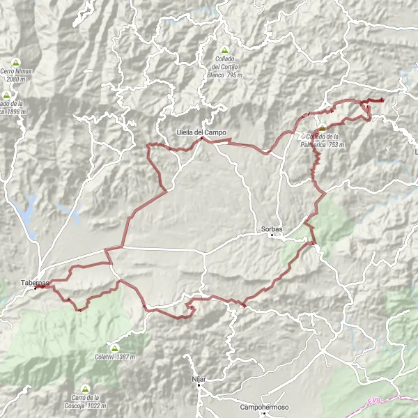 Miniatuurkaart van de fietsinspiratie "De Uleila del Campo Verkenningstocht" in Andalucía, Spain. Gemaakt door de Tarmacs.app fietsrouteplanner