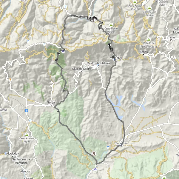 Miniature de la carte de l'inspiration cycliste "Exploration des collines de Bacares" dans la Andalucía, Spain. Générée par le planificateur d'itinéraire cycliste Tarmacs.app