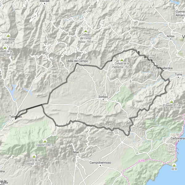 Miniature de la carte de l'inspiration cycliste "La Route des Villages Blancs" dans la Andalucía, Spain. Générée par le planificateur d'itinéraire cycliste Tarmacs.app